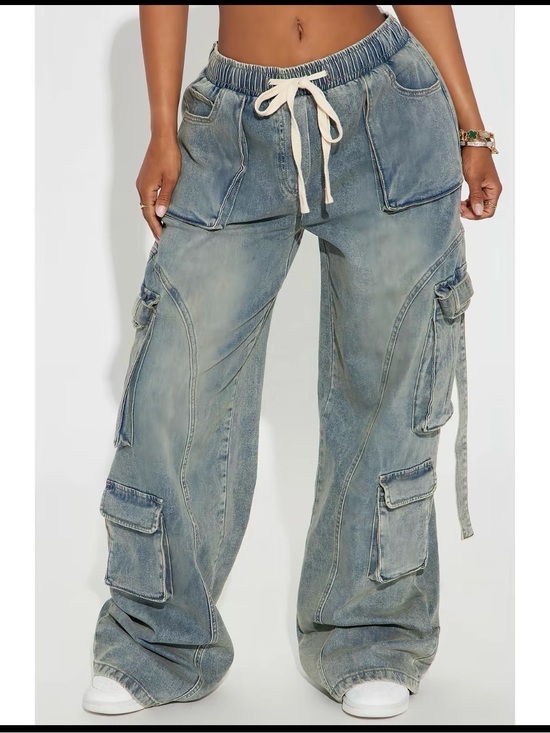 Fashion Nova Denim - Fashion Nova Washed Light Blue Wide-Leg Cargo Jeans